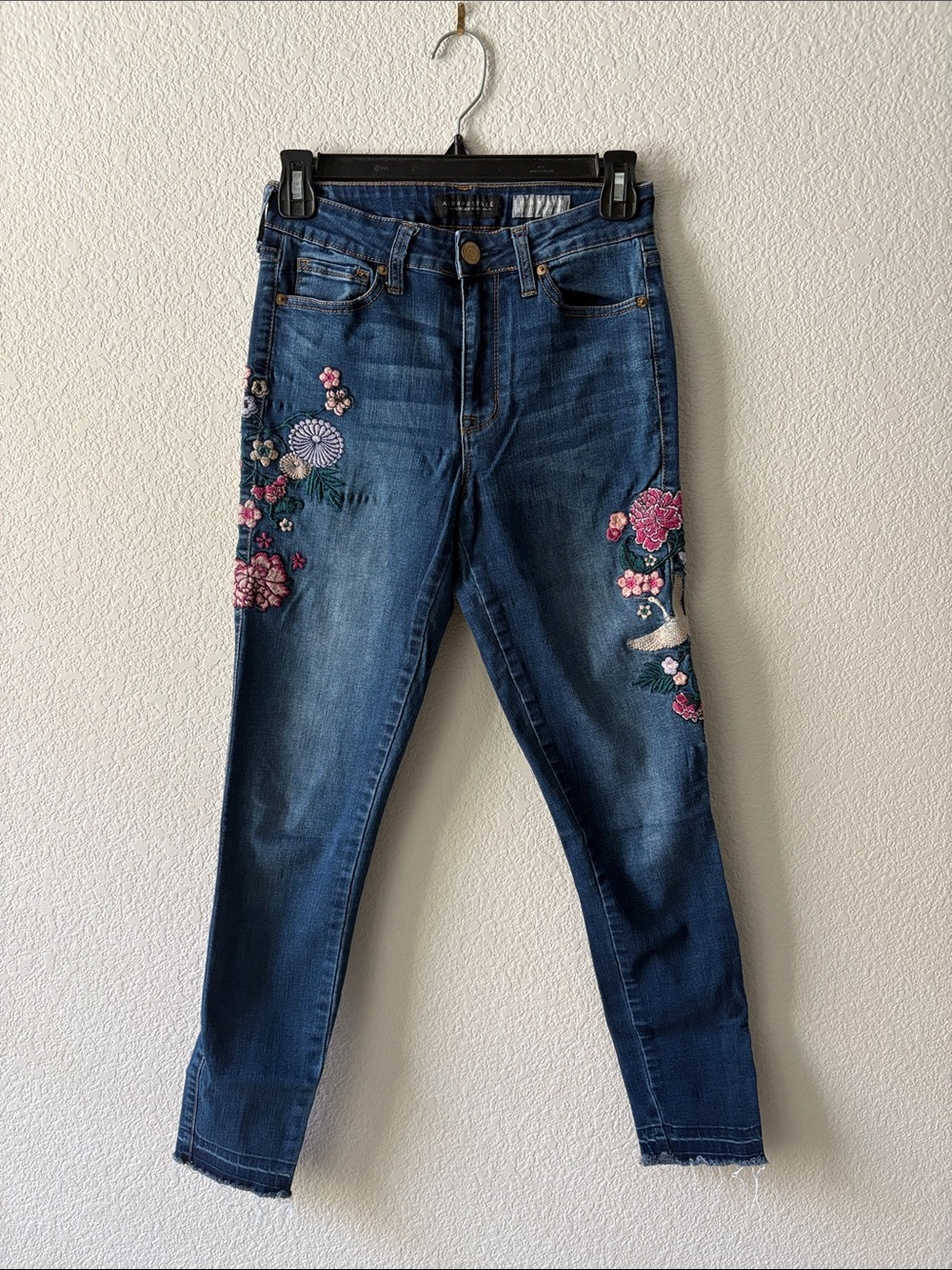 Aeropostale Dark Blue Skinny Jeans with Pink Floral Embroidery